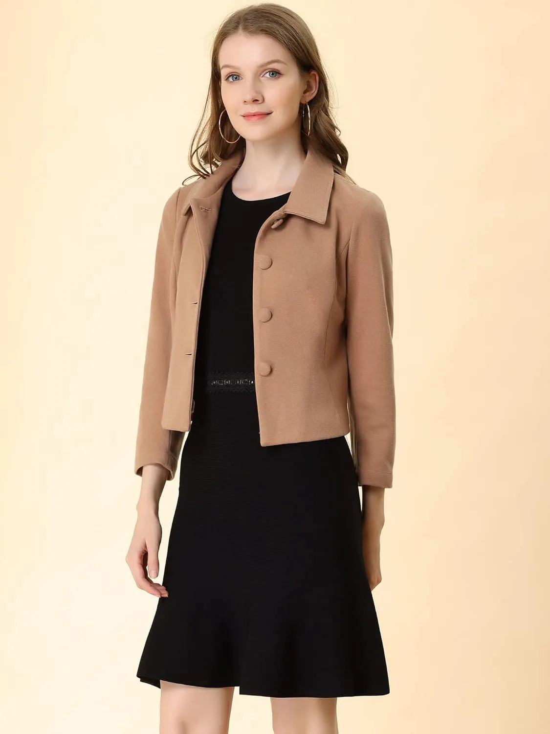 Allegra K Women's Elegant Short Coat Point Collar Single Breasted Slant Pocket Peacoats