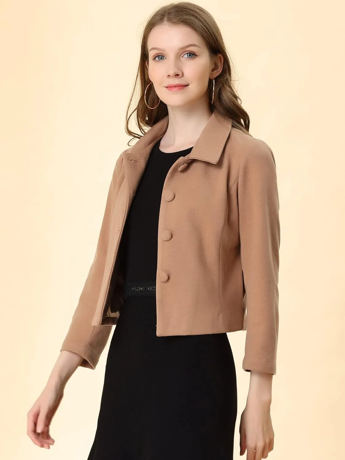 Allegra K Women's Elegant Short Coat Point Collar Single Breasted Slant Pocket Peacoats