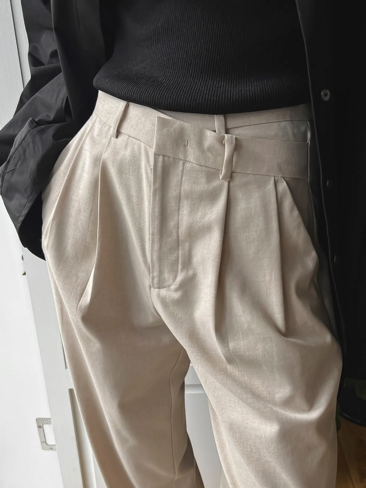 ASYMMETRICAL PIN TUCK WIDE TROUSERS