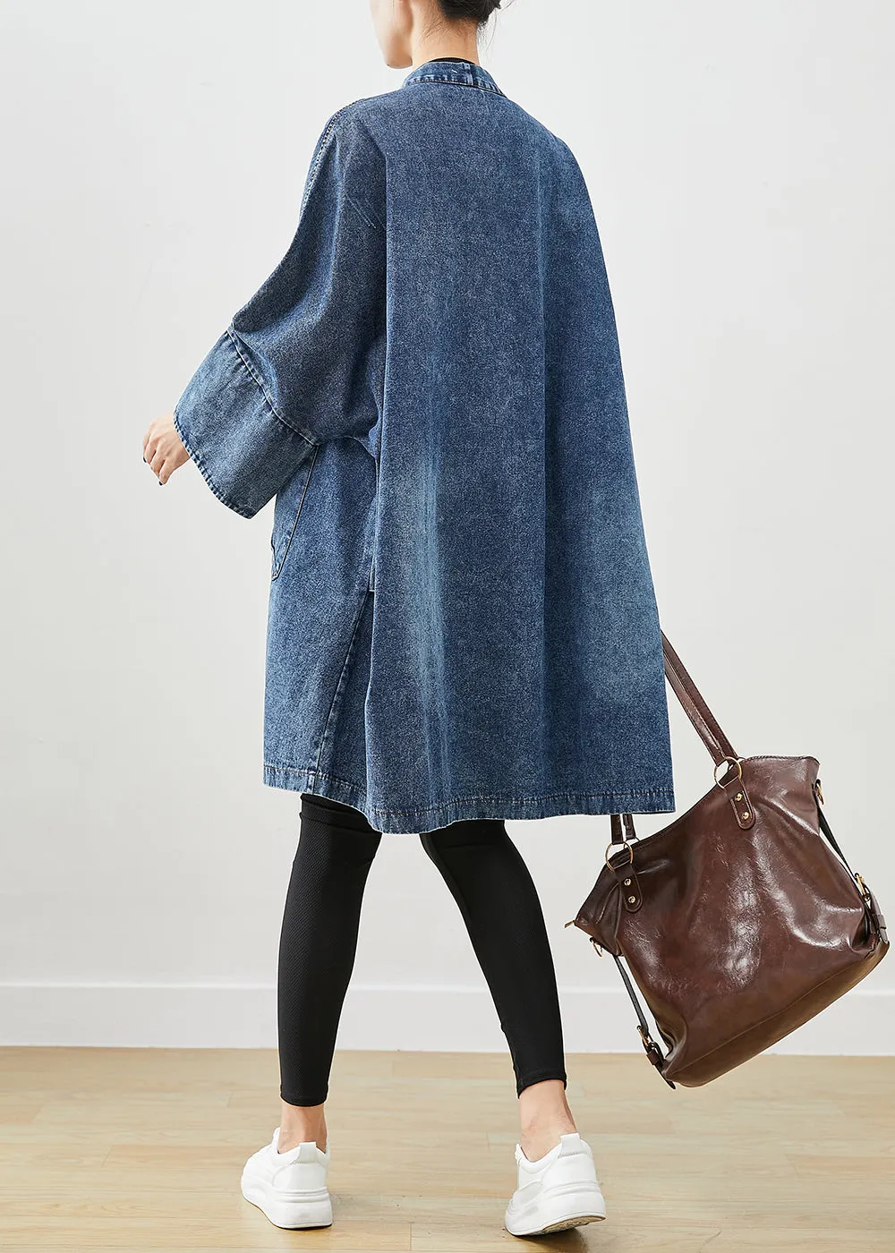 Boho Blue Oversized Pockets Denim Trench Coats Batwing Sleeve