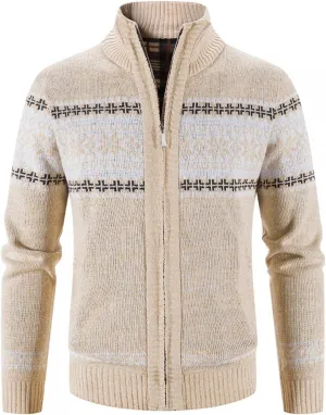 Burband Mens Casual Stand Collar Stripes Zipper Knitted Cardigan Sweaters Christmas Reindeer Snowflake Pullover Sweaters