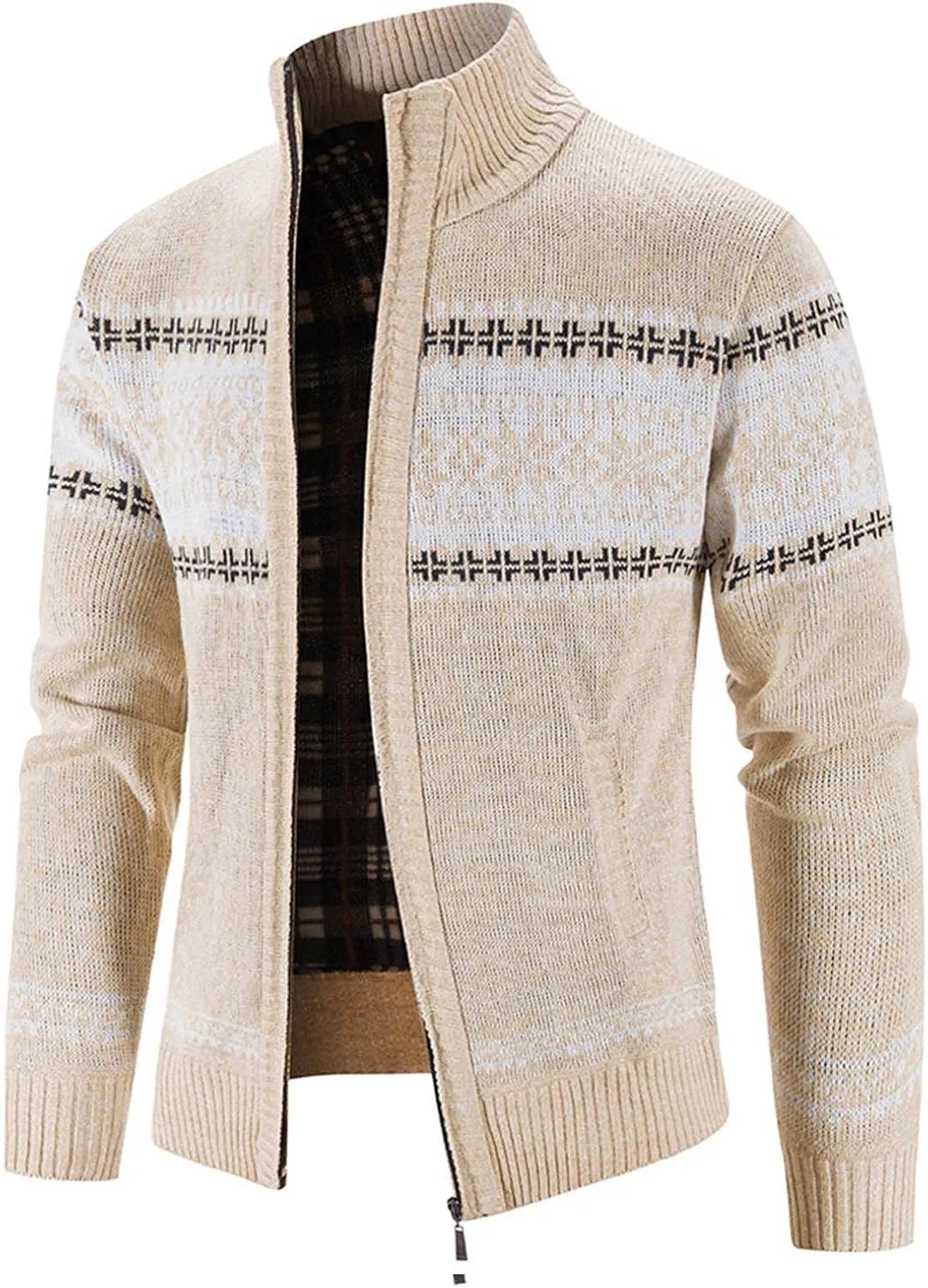 Burband Mens Casual Stand Collar Stripes Zipper Knitted Cardigan Sweaters Christmas Reindeer Snowflake Pullover Sweaters