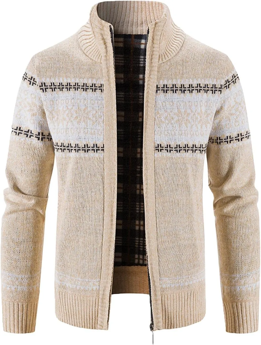 Burband Mens Casual Stand Collar Stripes Zipper Knitted Cardigan Sweaters Christmas Reindeer Snowflake Pullover Sweaters