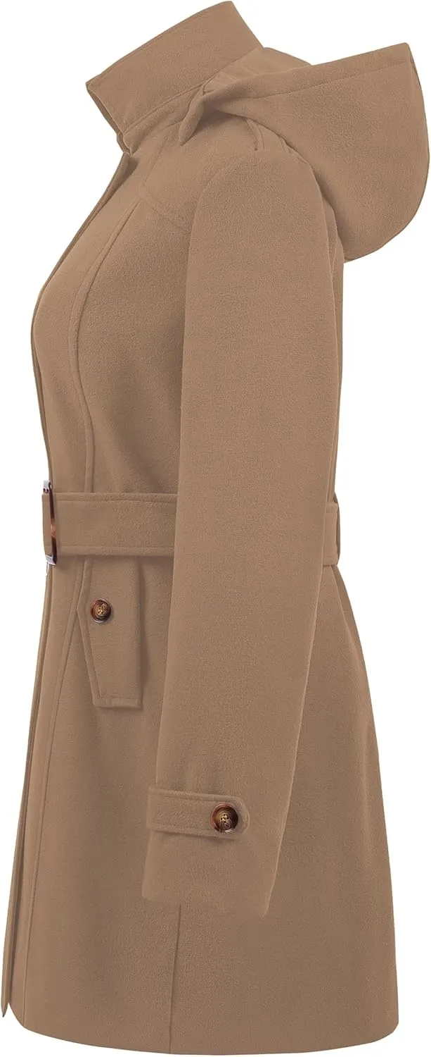 Chrisuno Women's Double Breasted Pea Coat Hooded Long Winter Trench Coat