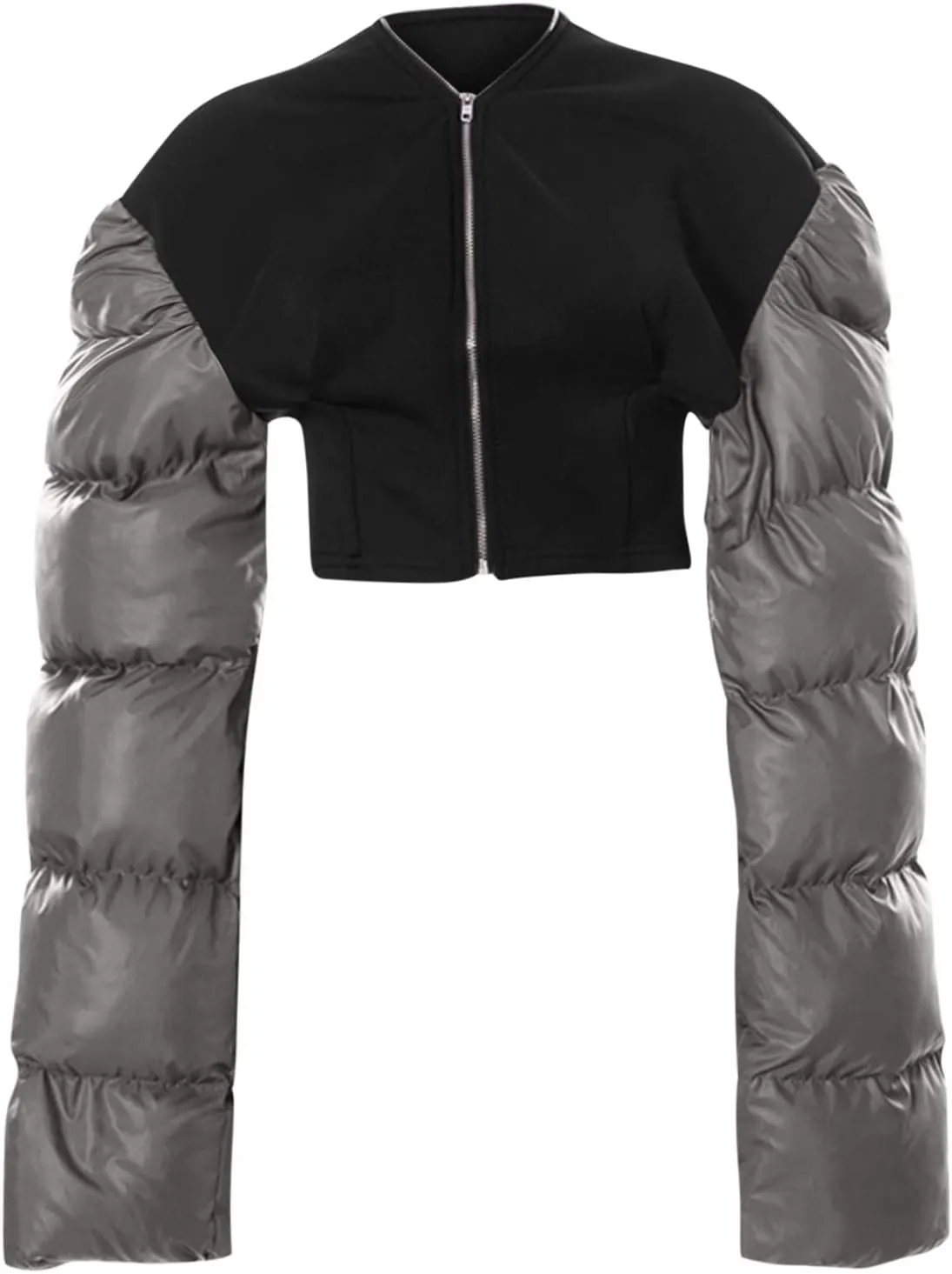 DASAYO Women's Puffy Long Sleeve Zip Cropped Puffer Jacket Color Block Quilted Puffy Down Coat Slouchy Winter Outwear Trendy
