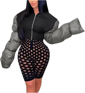 DASAYO Women's Puffy Long Sleeve Zip Cropped Puffer Jacket Color Block Quilted Puffy Down Coat Slouchy Winter Outwear Trendy