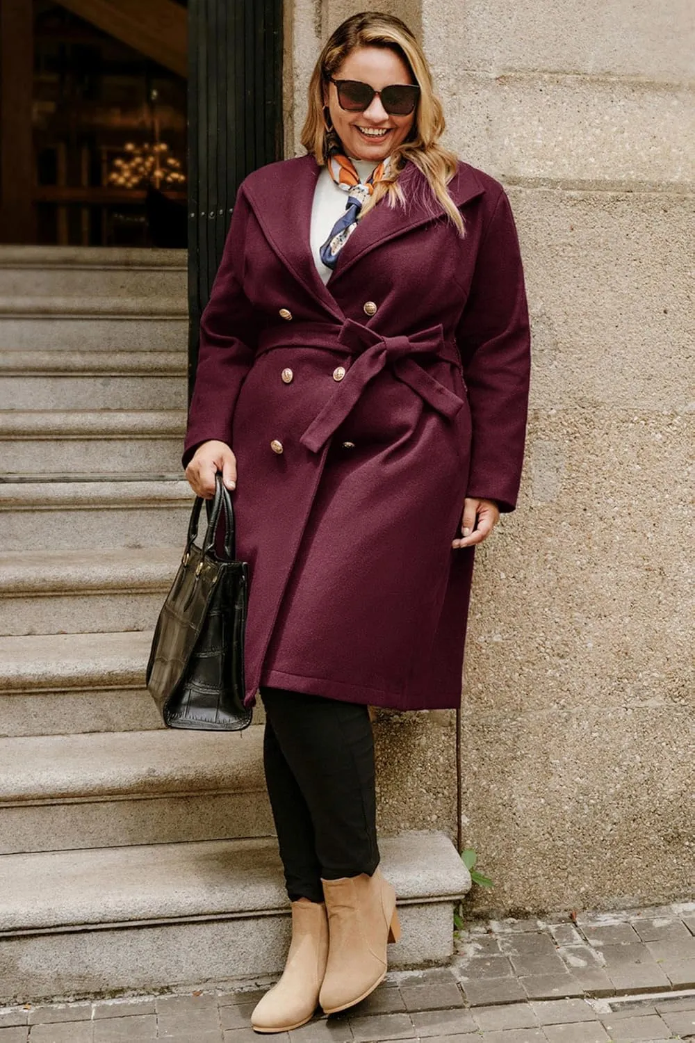 Hanna Nikole Women's Plus Size Winter Wool Coat Double Breasted Peacoats with Belt Notch Lapel Mid-Long Trench Coats 2024