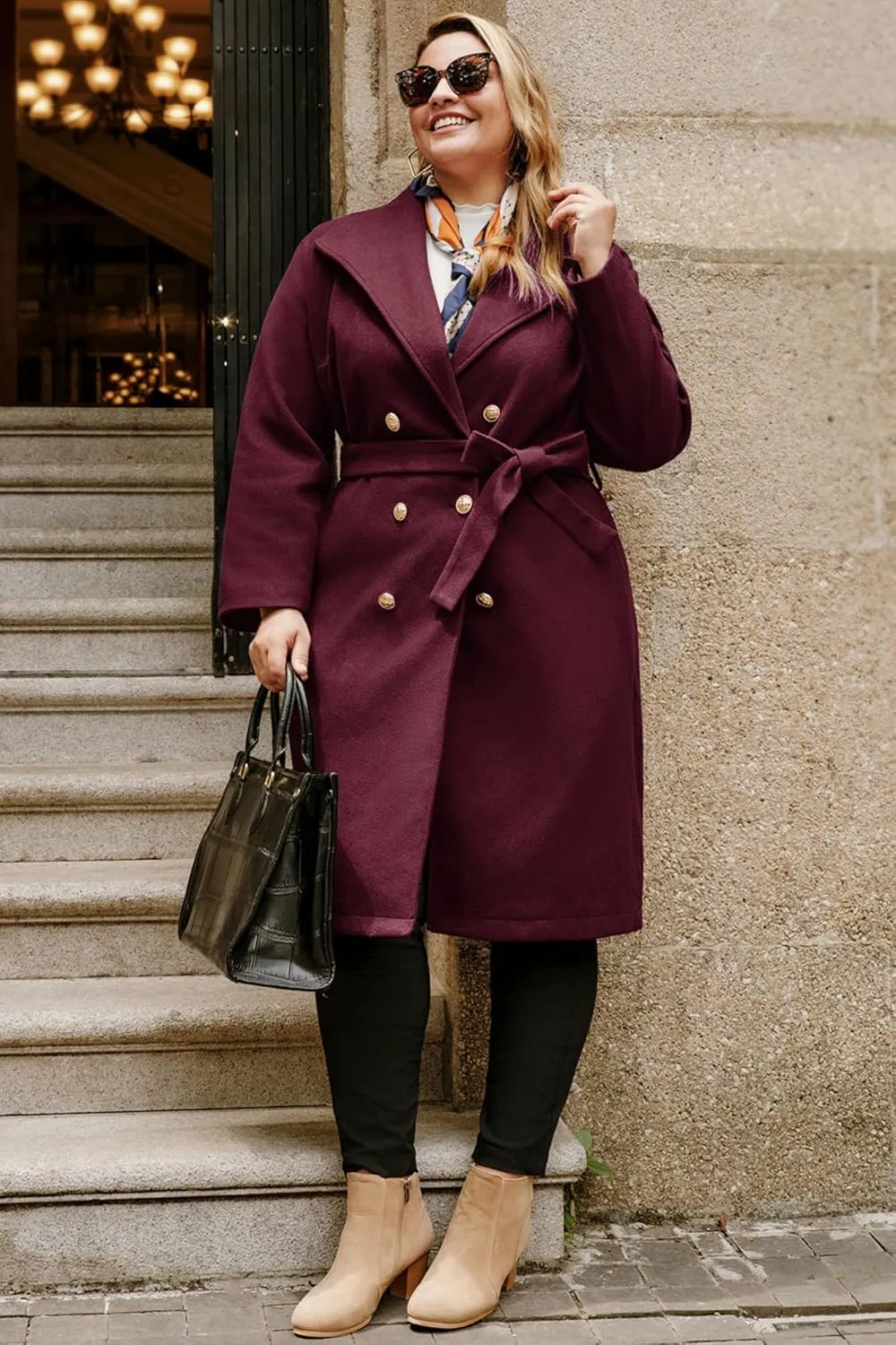 Hanna Nikole Women's Plus Size Winter Wool Coat Double Breasted Peacoats with Belt Notch Lapel Mid-Long Trench Coats 2024