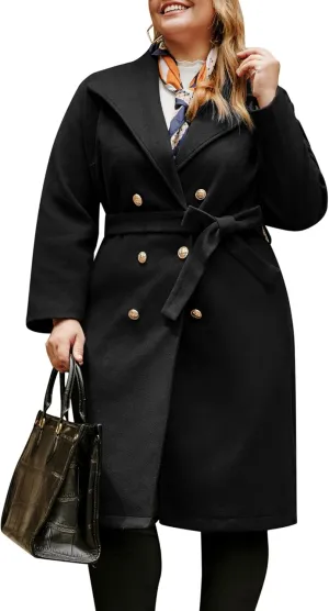 Hanna Nikole Women's Plus Size Winter Wool Coat Double Breasted Peacoats with Belt Notch Lapel Mid-Long Trench Coats 2024