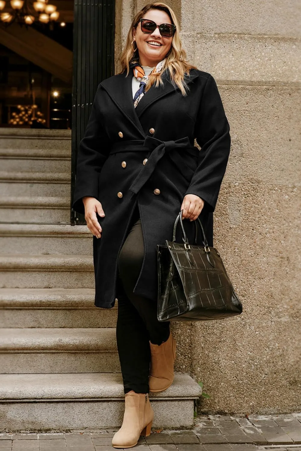 Hanna Nikole Women's Plus Size Winter Wool Coat Double Breasted Peacoats with Belt Notch Lapel Mid-Long Trench Coats 2024