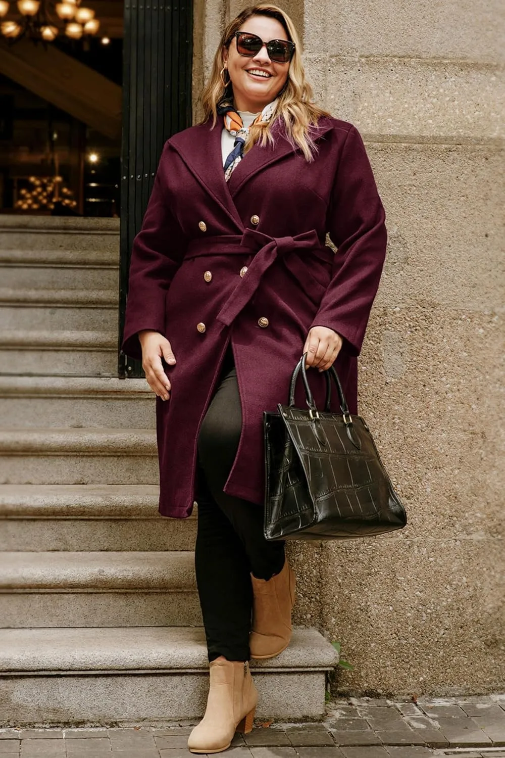 Hanna Nikole Women's Plus Size Winter Wool Coat Double Breasted Peacoats with Belt Notch Lapel Mid-Long Trench Coats 2024