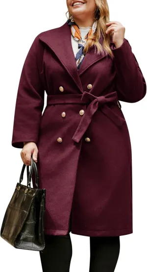 Hanna Nikole Women's Plus Size Winter Wool Coat Double Breasted Peacoats with Belt Notch Lapel Mid-Long Trench Coats 2024