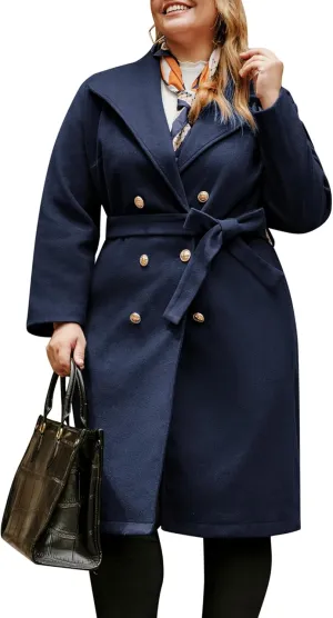 Hanna Nikole Women's Plus Size Winter Wool Coat Double Breasted Peacoats with Belt Notch Lapel Mid-Long Trench Coats 2024