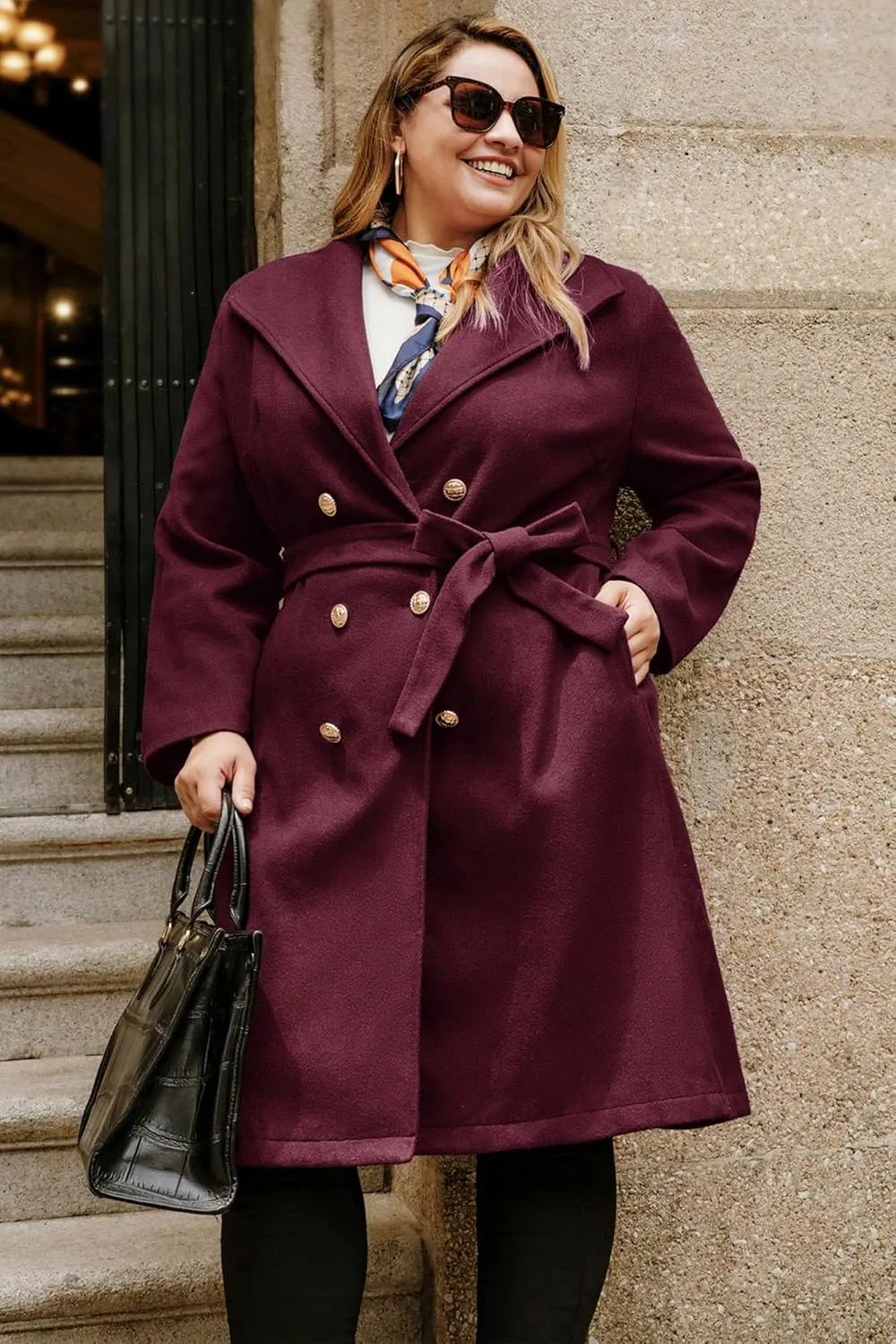 Hanna Nikole Women's Plus Size Winter Wool Coat Double Breasted Peacoats with Belt Notch Lapel Mid-Long Trench Coats 2024