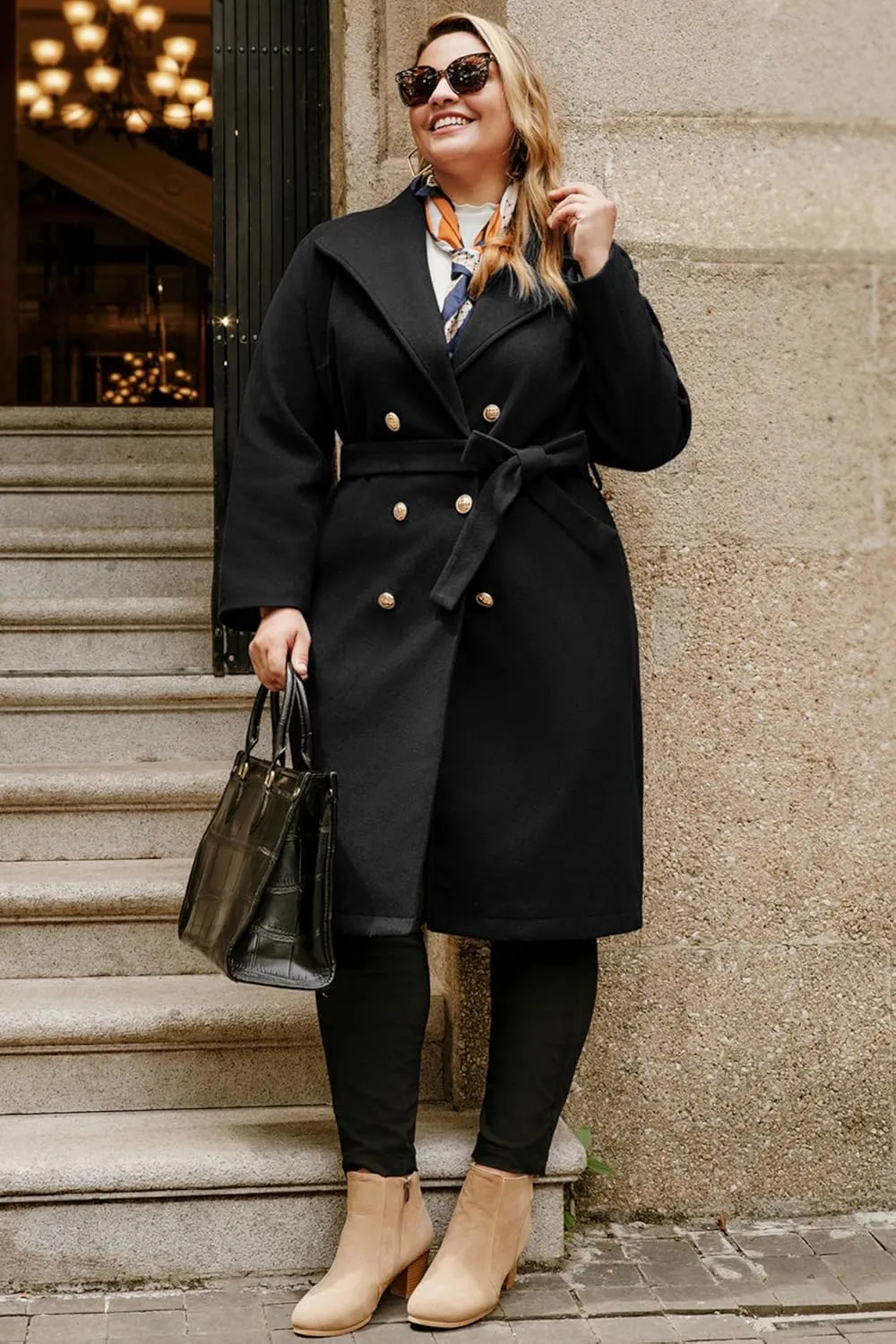 Hanna Nikole Women's Plus Size Winter Wool Coat Double Breasted Peacoats with Belt Notch Lapel Mid-Long Trench Coats 2024