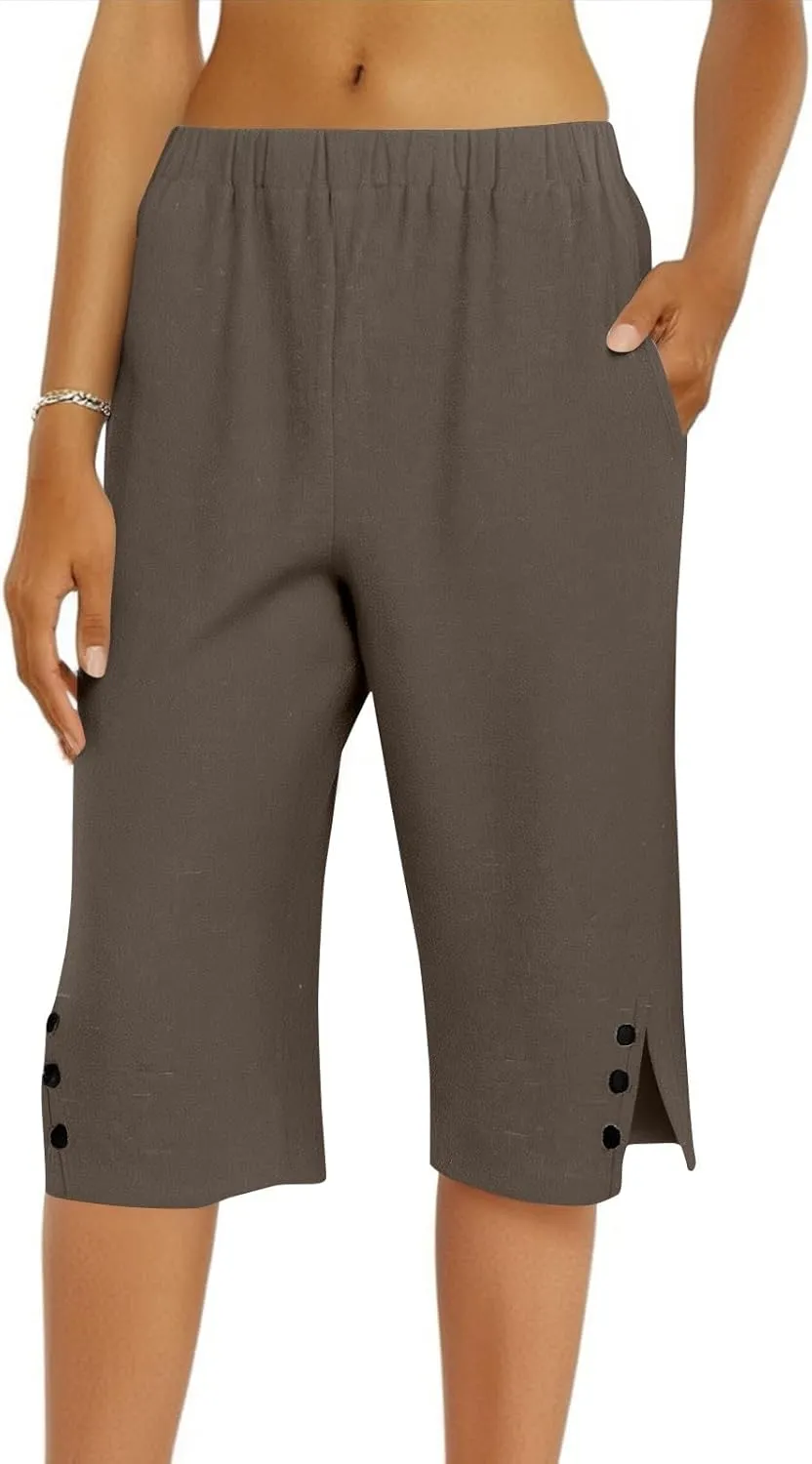 Linen Pants for Women Cropped Straight Leg Linen Capri Pants Side Slit Casual Summer Cover Up Pants with Pockets
