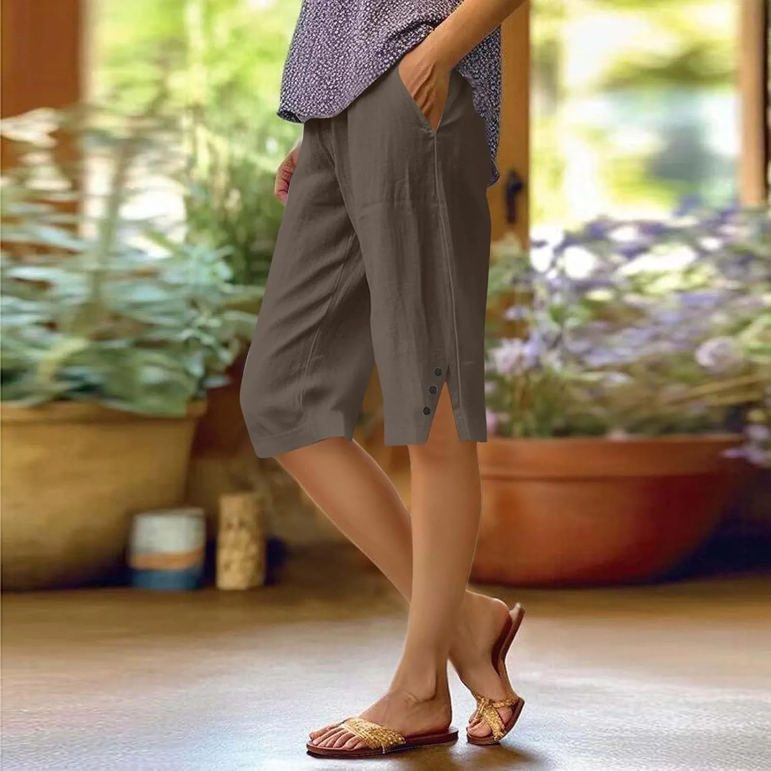 Linen Pants for Women Cropped Straight Leg Linen Capri Pants Side Slit Casual Summer Cover Up Pants with Pockets