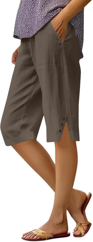 Linen Pants for Women Cropped Straight Leg Linen Capri Pants Side Slit Casual Summer Cover Up Pants with Pockets