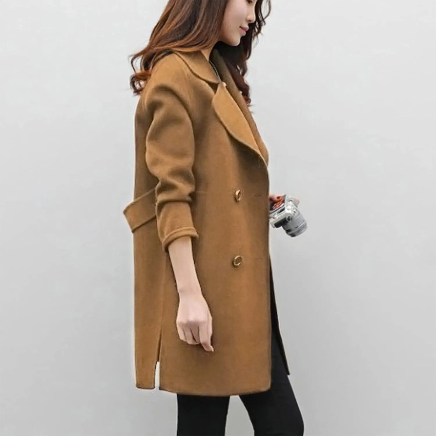 maisdgop Wool Trench Coat Women 2024 Fashion Button down Windbreaker Classic Belted Lapel Peacoats Winter Long Sleeve Coats