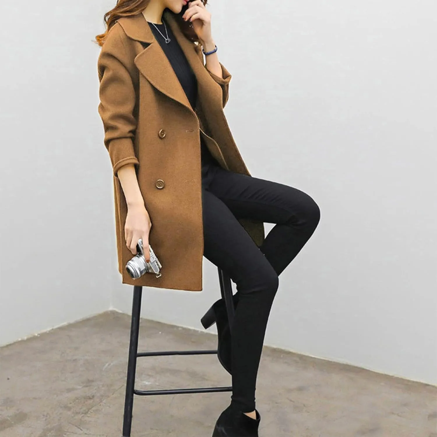 maisdgop Wool Trench Coat Women 2024 Fashion Button down Windbreaker Classic Belted Lapel Peacoats Winter Long Sleeve Coats