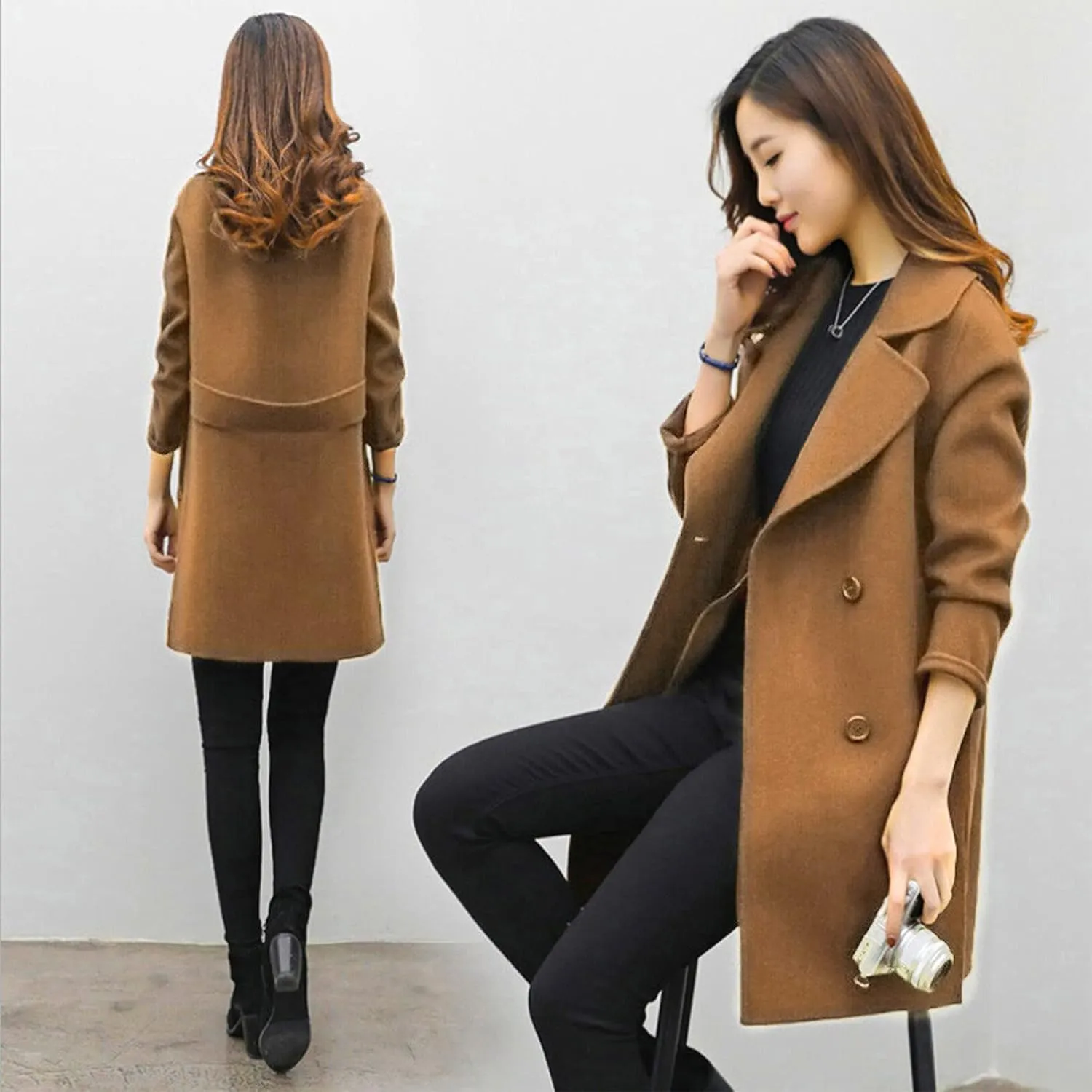 maisdgop Wool Trench Coat Women 2024 Fashion Button down Windbreaker Classic Belted Lapel Peacoats Winter Long Sleeve Coats