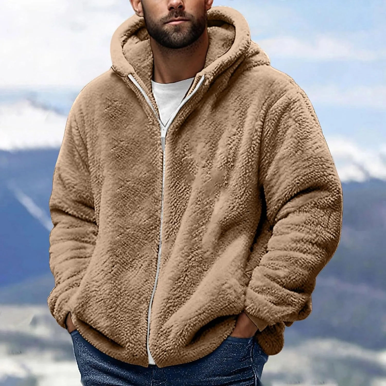 Men's Sherpa Lined Jacket Warm Double-Sided Fleece Coat Zip Up Hooded Thick Jacket Fall Winter Casual Soft Outerwear