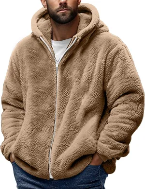 Men's Sherpa Lined Jacket Warm Double-Sided Fleece Coat Zip Up Hooded Thick Jacket Fall Winter Casual Soft Outerwear