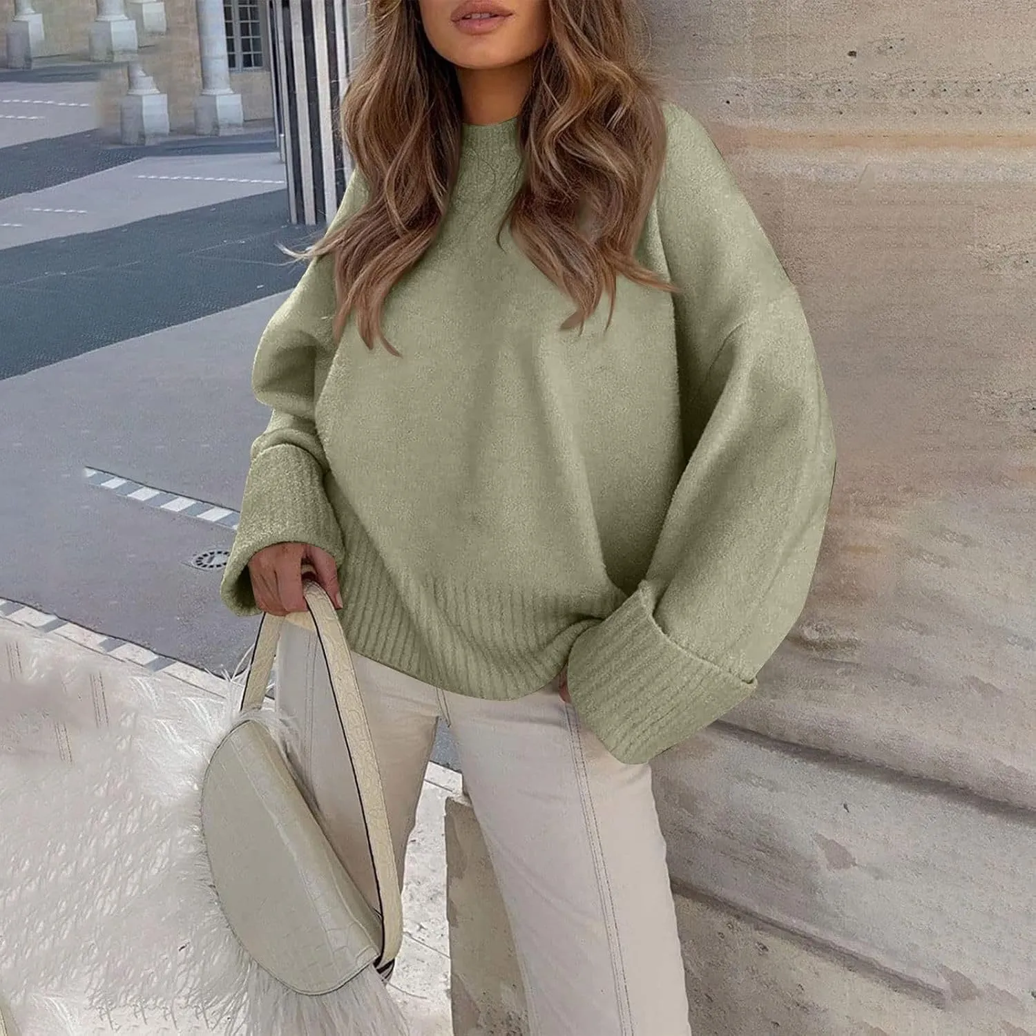 Oversized Sweaters for Women Crewneck Chunky Knit Sweater Fall Trendy Long Sleeve Fuzzy Fleece Pullover Sweaters