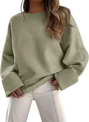 Oversized Sweaters for Women Crewneck Chunky Knit Sweater Fall Trendy Long Sleeve Fuzzy Fleece Pullover Sweaters