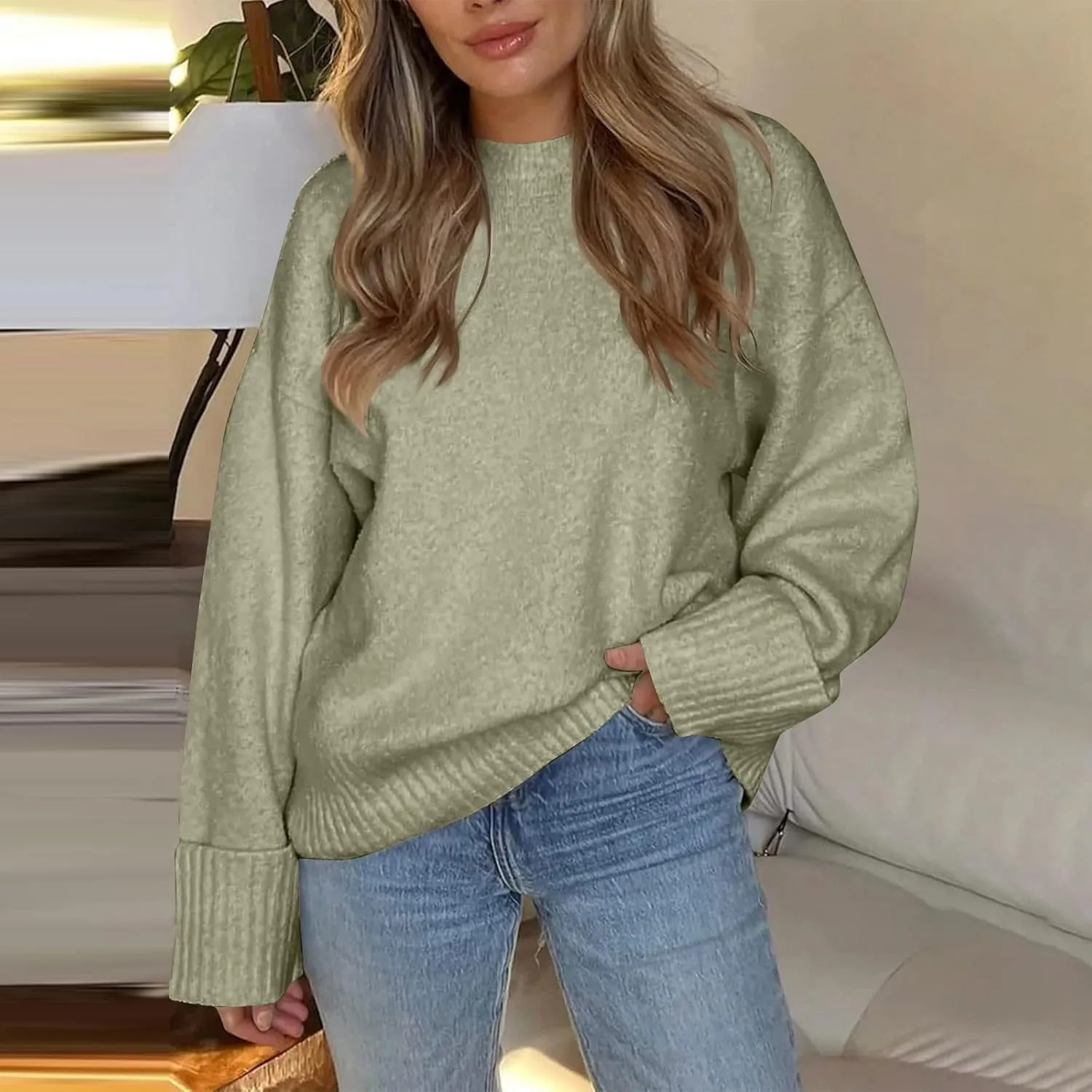 Oversized Sweaters for Women Crewneck Chunky Knit Sweater Fall Trendy Long Sleeve Fuzzy Fleece Pullover Sweaters