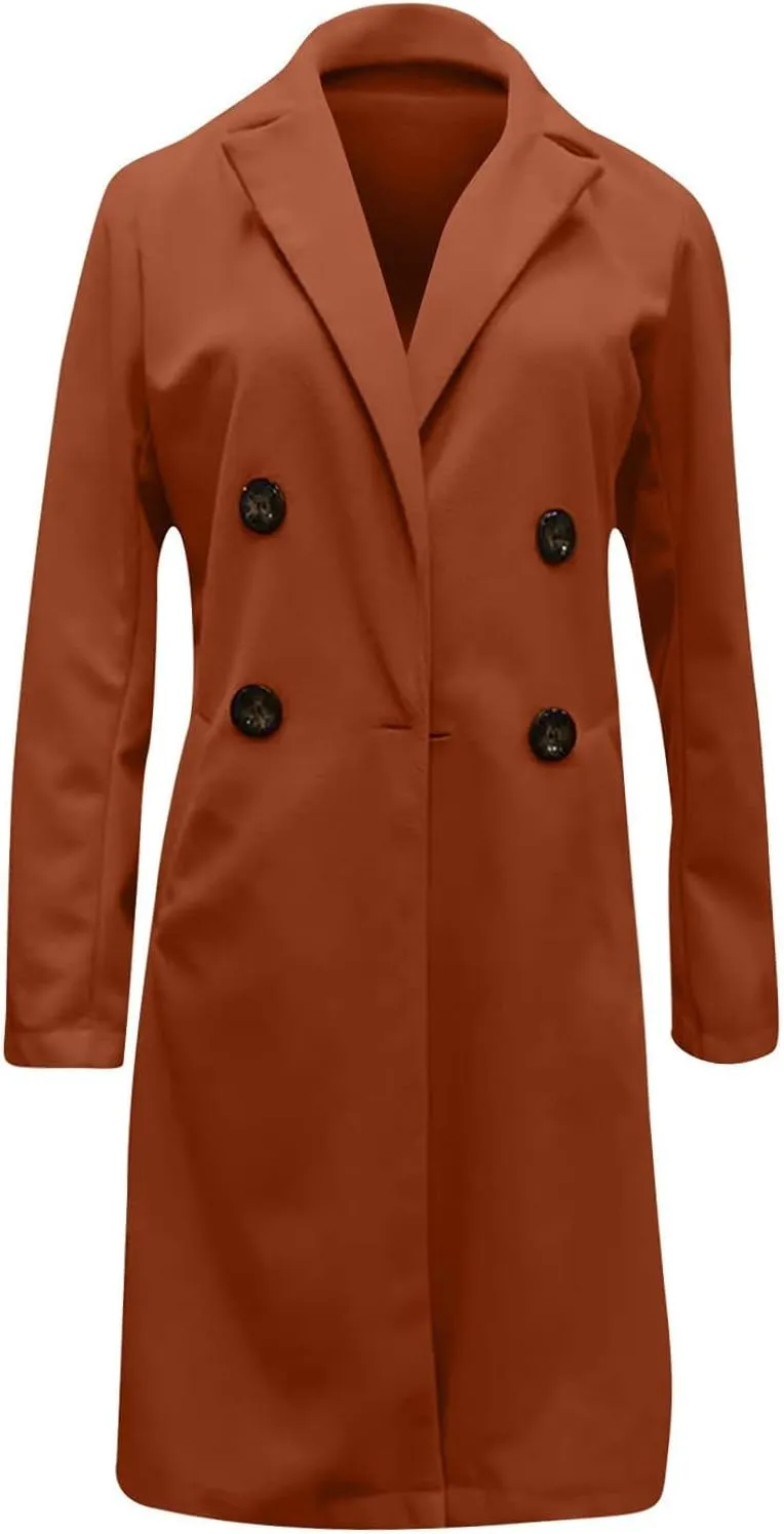 Pea Coats For Women,2024 Trendy Classic Notched Lapel Collar Double Breasted Trench Coat Mid Slim Fit Winter Coats