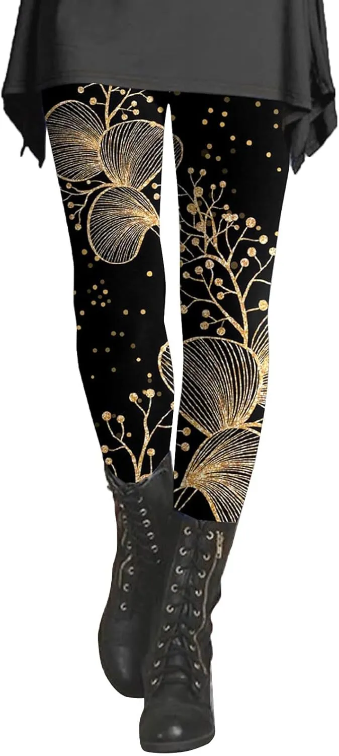 Printed Cotton Leggings for Women Stretchy Pants for Women with Pockets Tummy Control Pants for Women