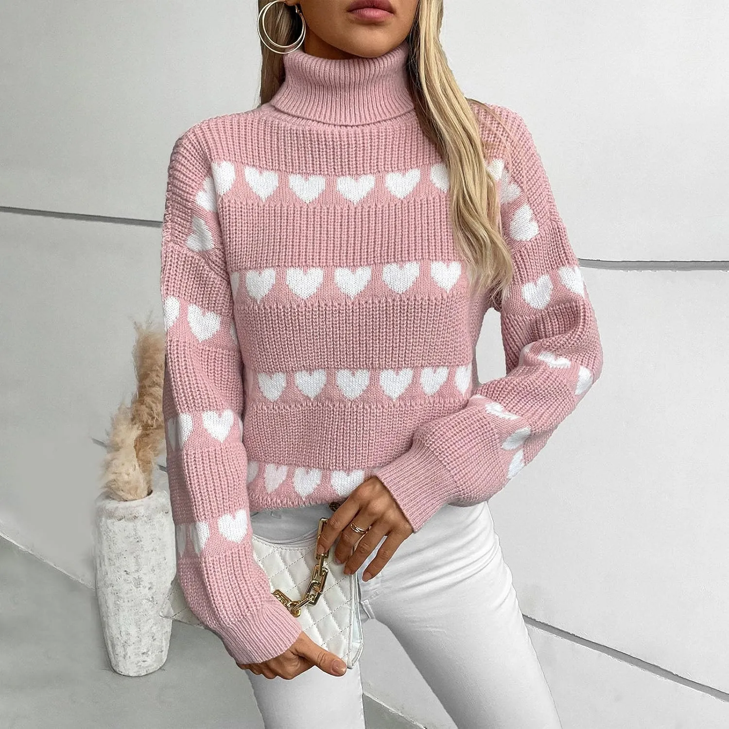 Ruziyoog Womens' Turtleneck Long Sleeve Cable Knit Sweaters V Neck Heart Jumpers Loose Casual Long Sleeve Pullover Sweaters