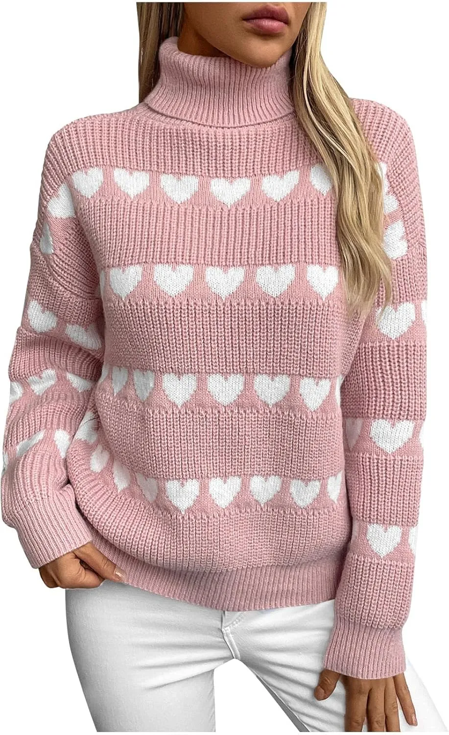 Ruziyoog Womens' Turtleneck Long Sleeve Cable Knit Sweaters V Neck Heart Jumpers Loose Casual Long Sleeve Pullover Sweaters