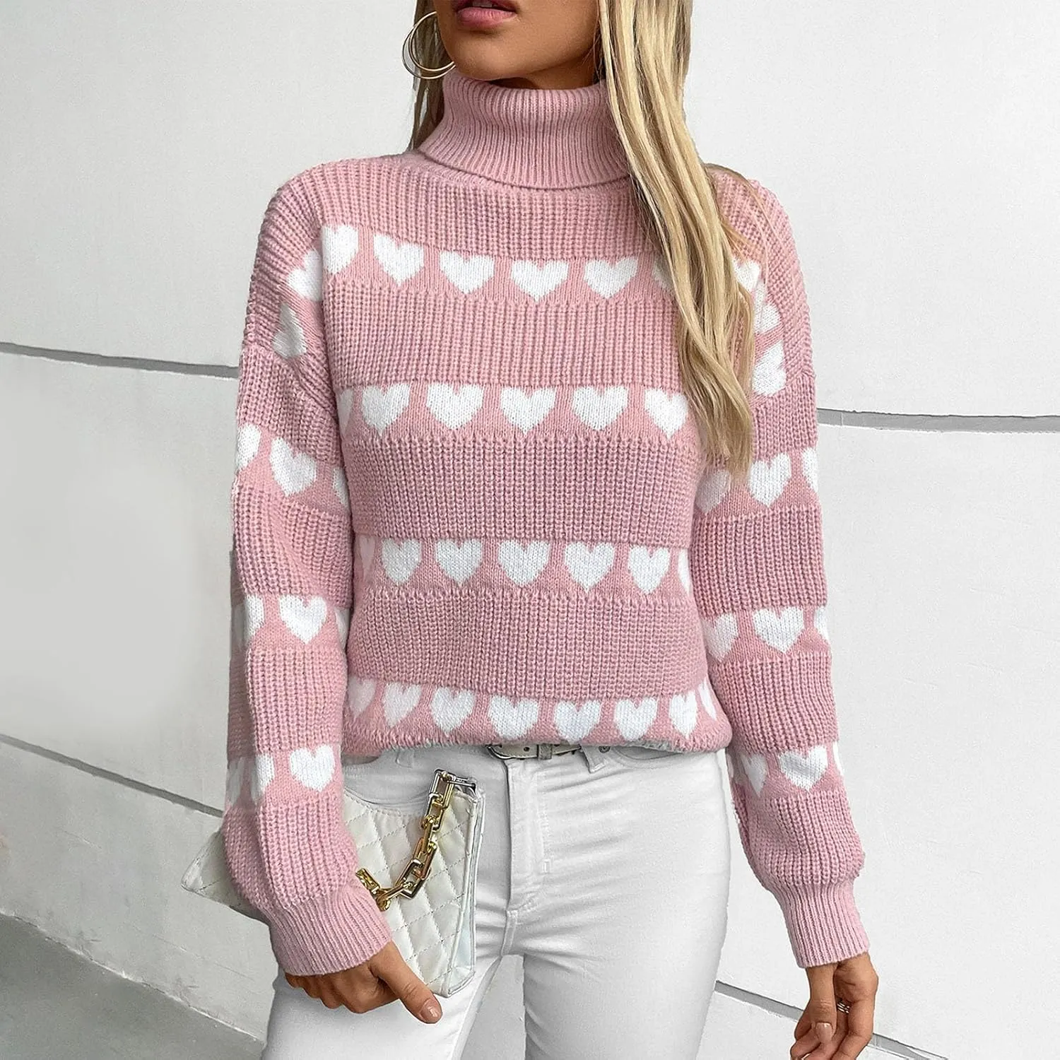 Ruziyoog Womens' Turtleneck Long Sleeve Cable Knit Sweaters V Neck Heart Jumpers Loose Casual Long Sleeve Pullover Sweaters