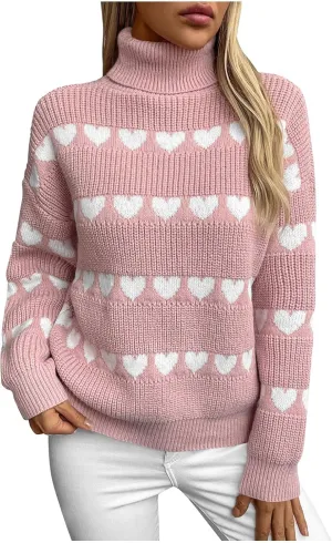 Ruziyoog Womens' Turtleneck Long Sleeve Cable Knit Sweaters V Neck Heart Jumpers Loose Casual Long Sleeve Pullover Sweaters