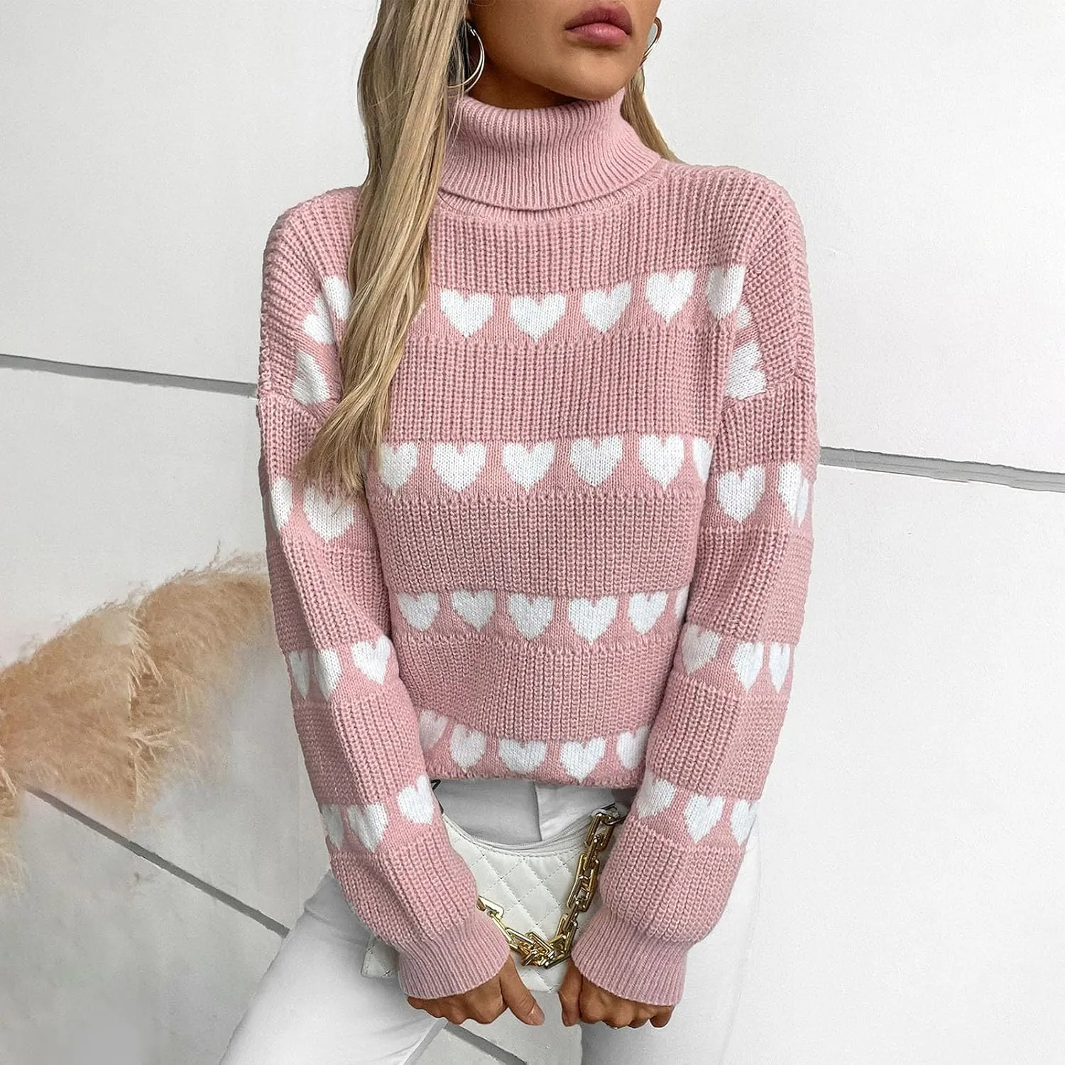 Ruziyoog Womens' Turtleneck Long Sleeve Cable Knit Sweaters V Neck Heart Jumpers Loose Casual Long Sleeve Pullover Sweaters