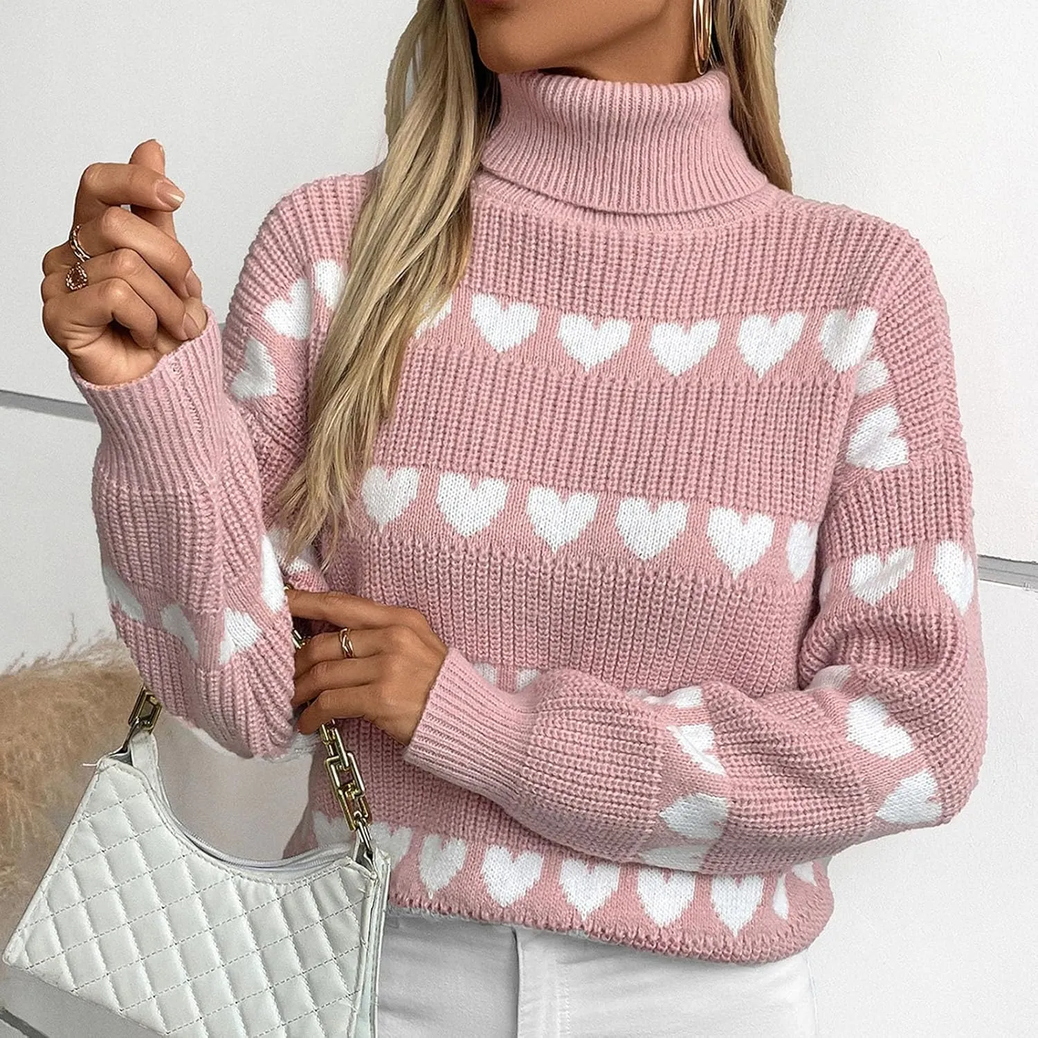 Ruziyoog Womens' Turtleneck Long Sleeve Cable Knit Sweaters V Neck Heart Jumpers Loose Casual Long Sleeve Pullover Sweaters