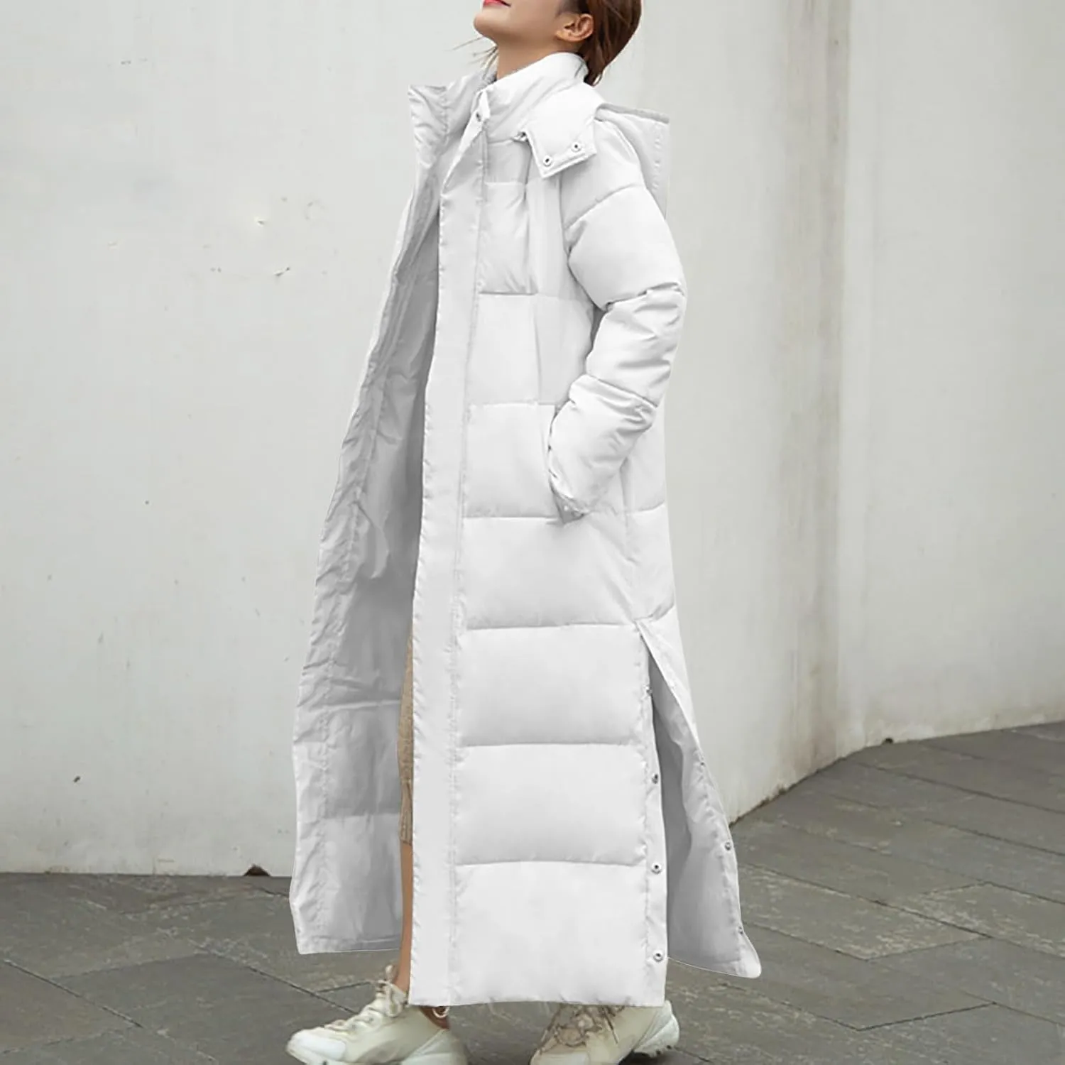 TANGNADE Long Puffer Coat Women with Hood Thickened Long Down Jacket Winter Maxi Length Hooded Jacket with Side Button