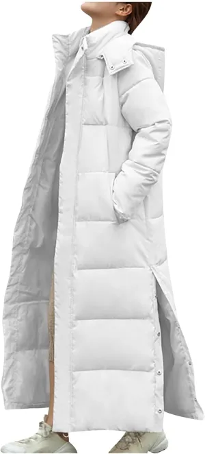 TANGNADE Long Puffer Coat Women with Hood Thickened Long Down Jacket Winter Maxi Length Hooded Jacket with Side Button