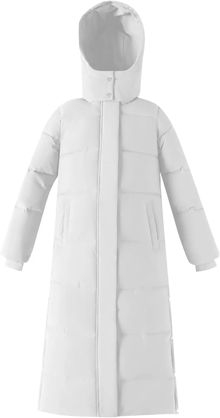 TANGNADE Long Puffer Coat Women with Hood Thickened Long Down Jacket Winter Maxi Length Hooded Jacket with Side Button