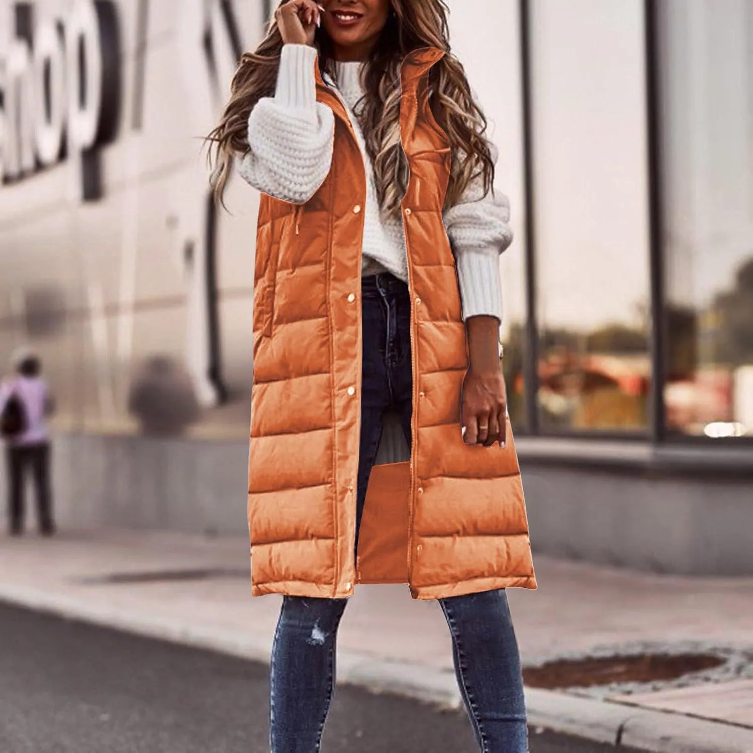 Winter Coats for Women 2024 Warm Long Puffer Jacket Vest Button Zip Up Sleeveless Quilted Outwear Trendy Outing Clothes