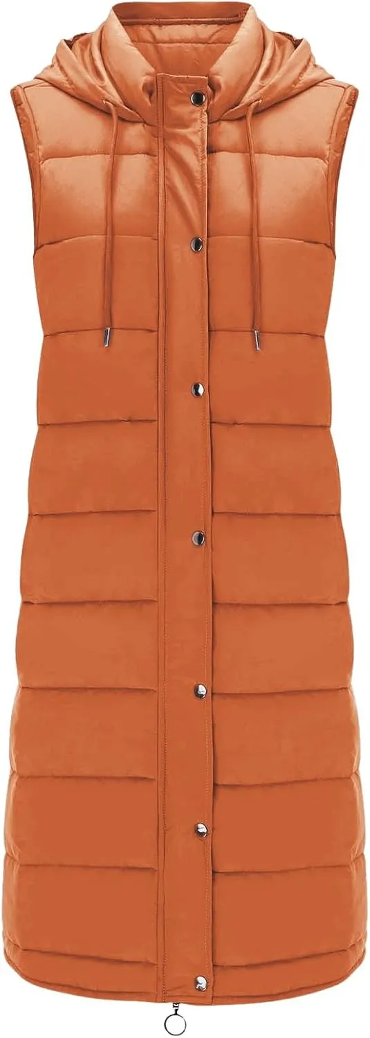 Winter Coats for Women 2024 Warm Long Puffer Jacket Vest Button Zip Up Sleeveless Quilted Outwear Trendy Outing Clothes