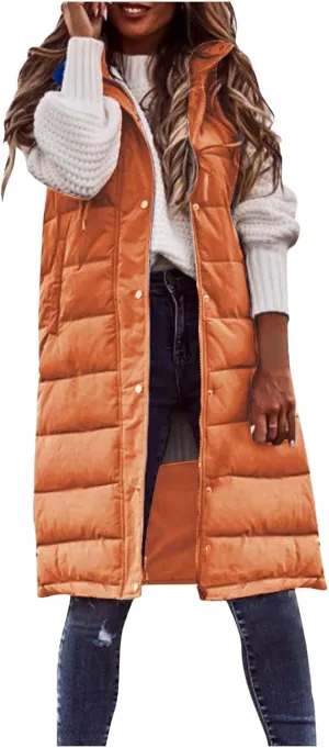 Winter Coats for Women 2024 Warm Long Puffer Jacket Vest Button Zip Up Sleeveless Quilted Outwear Trendy Outing Clothes