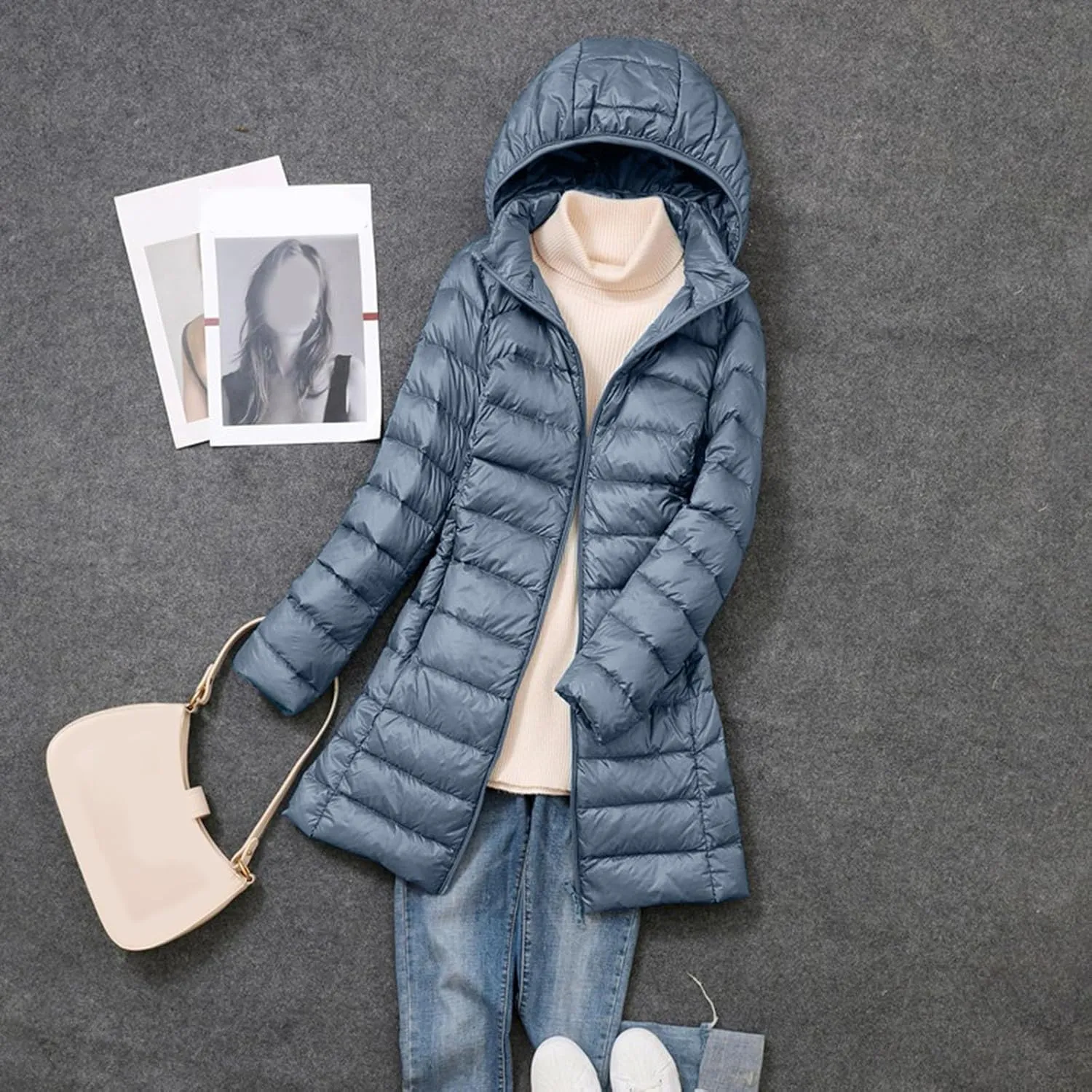 Winter Long Puffer Jacket for Women Slim Fit Waterproof Down Coat Simple Solid Zip Up Quilted Overcoat Outdoor Outwear