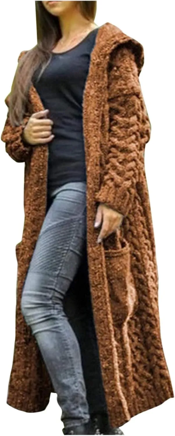 Women Open Front Cardigans 2024 Fall Trendy Plus Size Long Sleeve Coat Solid Cable Knit Hooded Jacket With Pockets