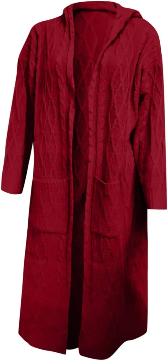 Women Open Front Cardigans 2024 Fall Trendy Plus Size Long Sleeve Coat Solid Cable Knit Hooded Jacket With Pockets