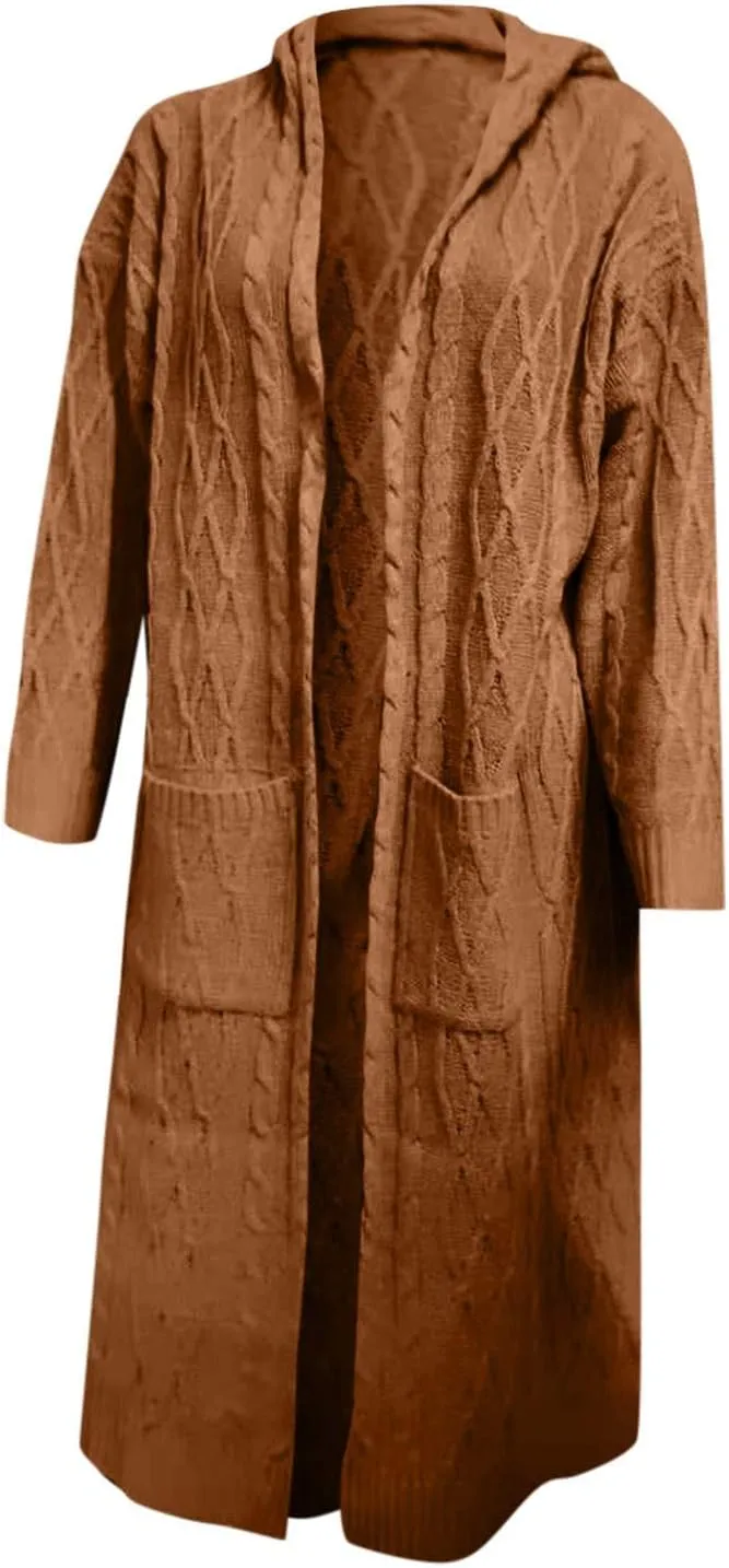 Women Open Front Cardigans 2024 Fall Trendy Plus Size Long Sleeve Coat Solid Cable Knit Hooded Jacket With Pockets