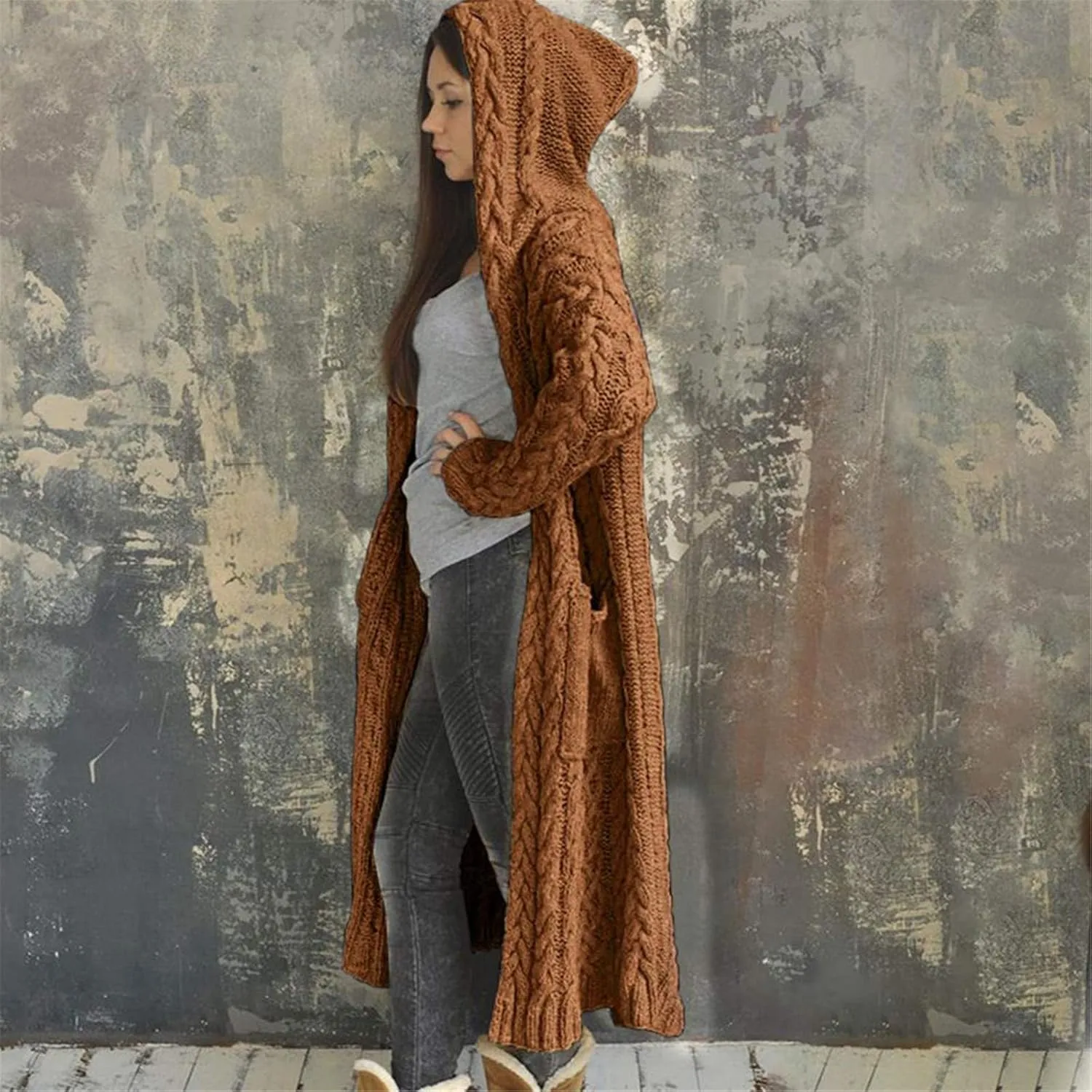 Women Open Front Cardigans 2024 Fall Trendy Plus Size Long Sleeve Coat Solid Cable Knit Hooded Jacket With Pockets