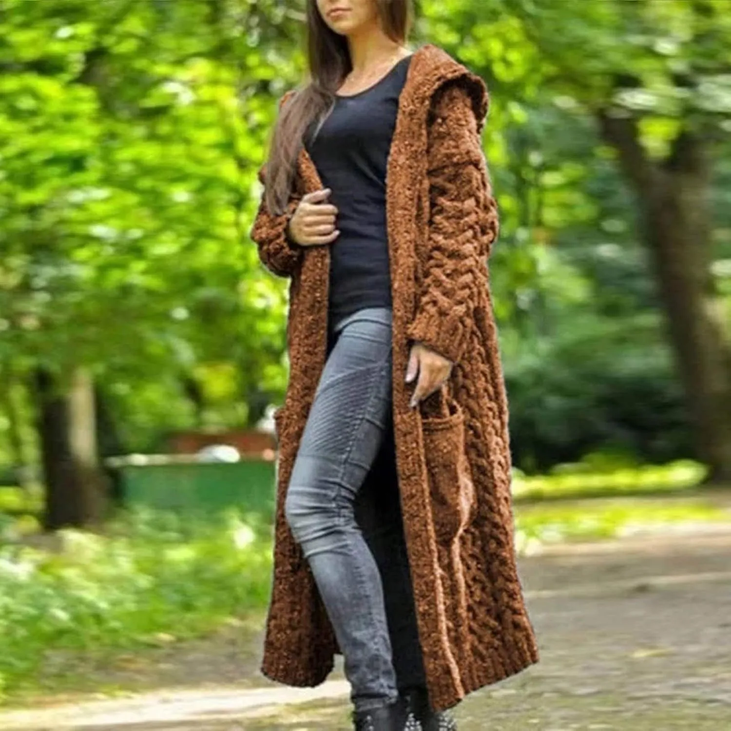 Women Open Front Cardigans 2024 Fall Trendy Plus Size Long Sleeve Coat Solid Cable Knit Hooded Jacket With Pockets